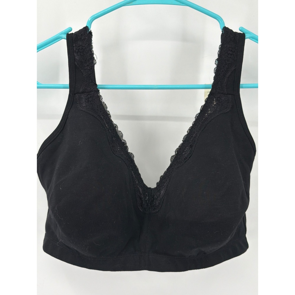 TELIMUSSTO Womens Black Lace Trim Wireless Bra Cotton Blend V-Neck 28F